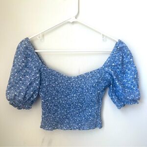 Abercrombie and Fitch Smocked Floral Linen Puff Sleeve Crop Top Size Small